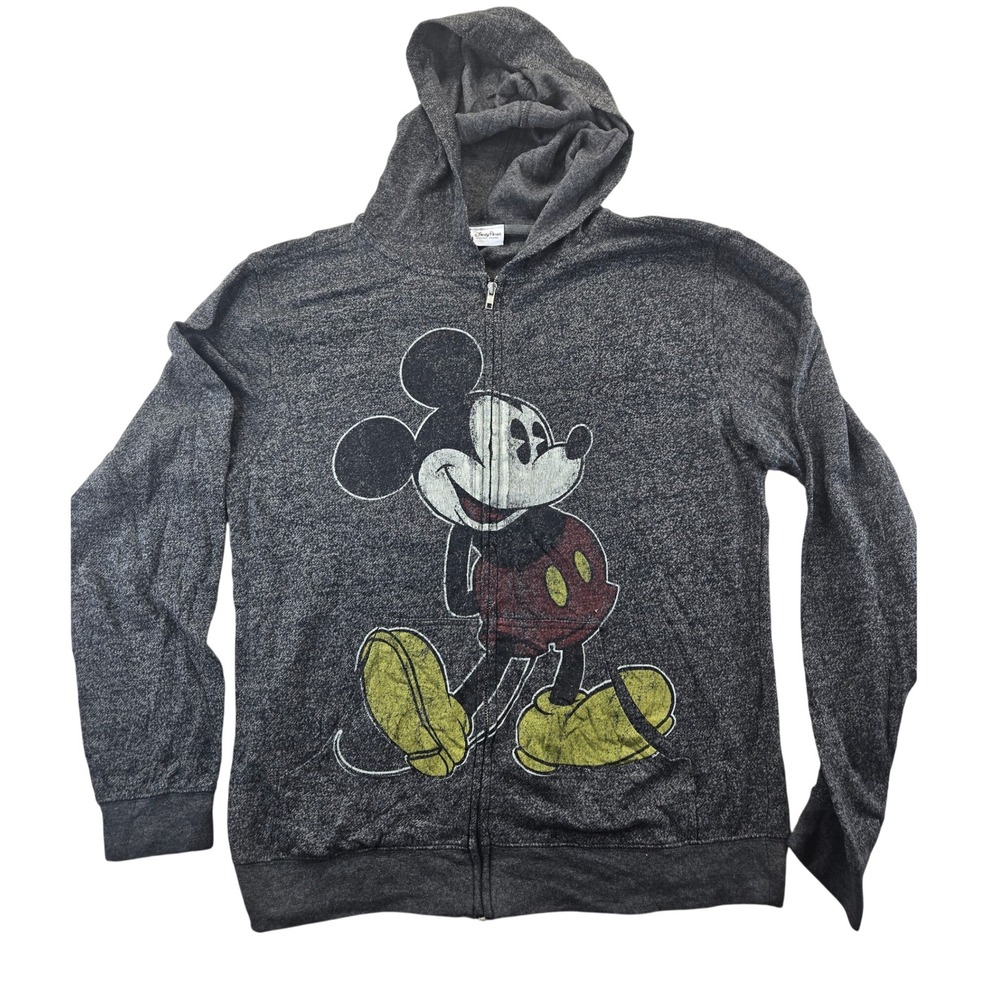 Disney Parks Hoodie Mens Large Gray Mickey Mouse Zip Up Graphic Distressed Marl